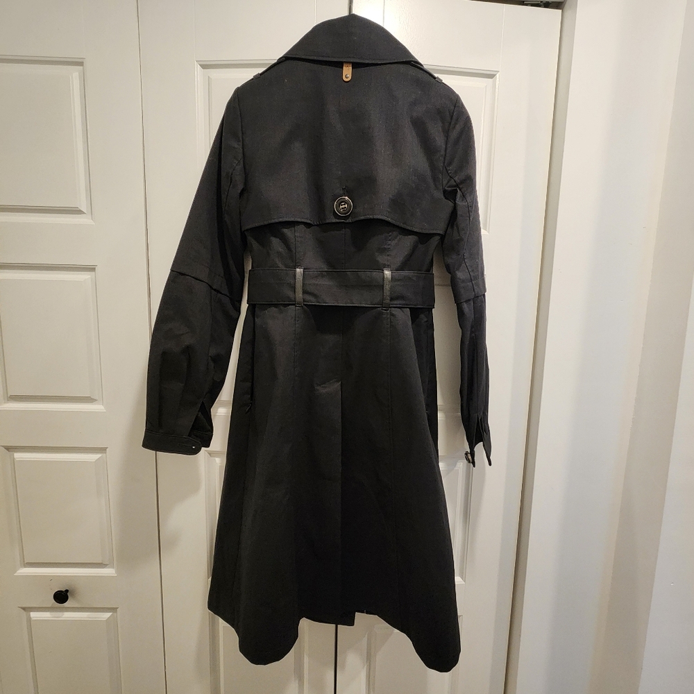 XS Mackage Double Breasted Long Sleeve Trench Coat, Black with Leather Trim - Picture 6 of 6